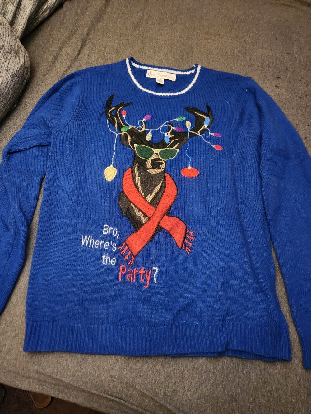 Men's Blue Graphic Crewneck Sweater with Reindeer Party Motif
